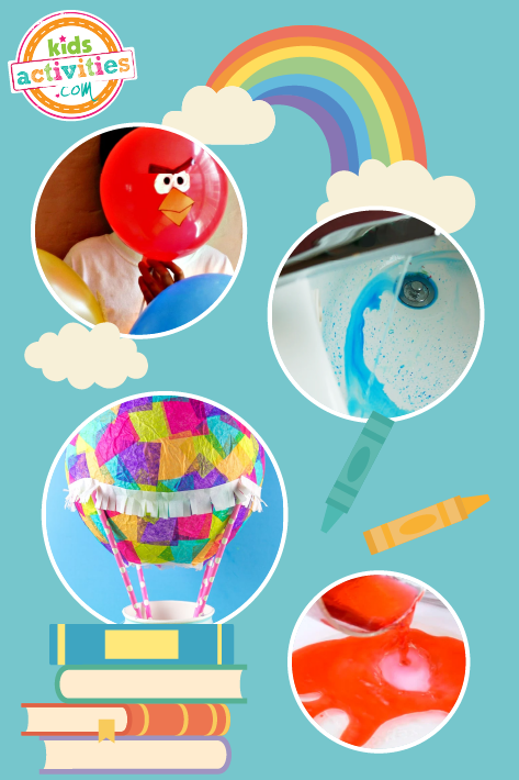 Image shows a collage of August activities for kids: angry birds balloons, watercolor painting, hot air balloon craft, and more, on top of a blue background decorated with crayons.