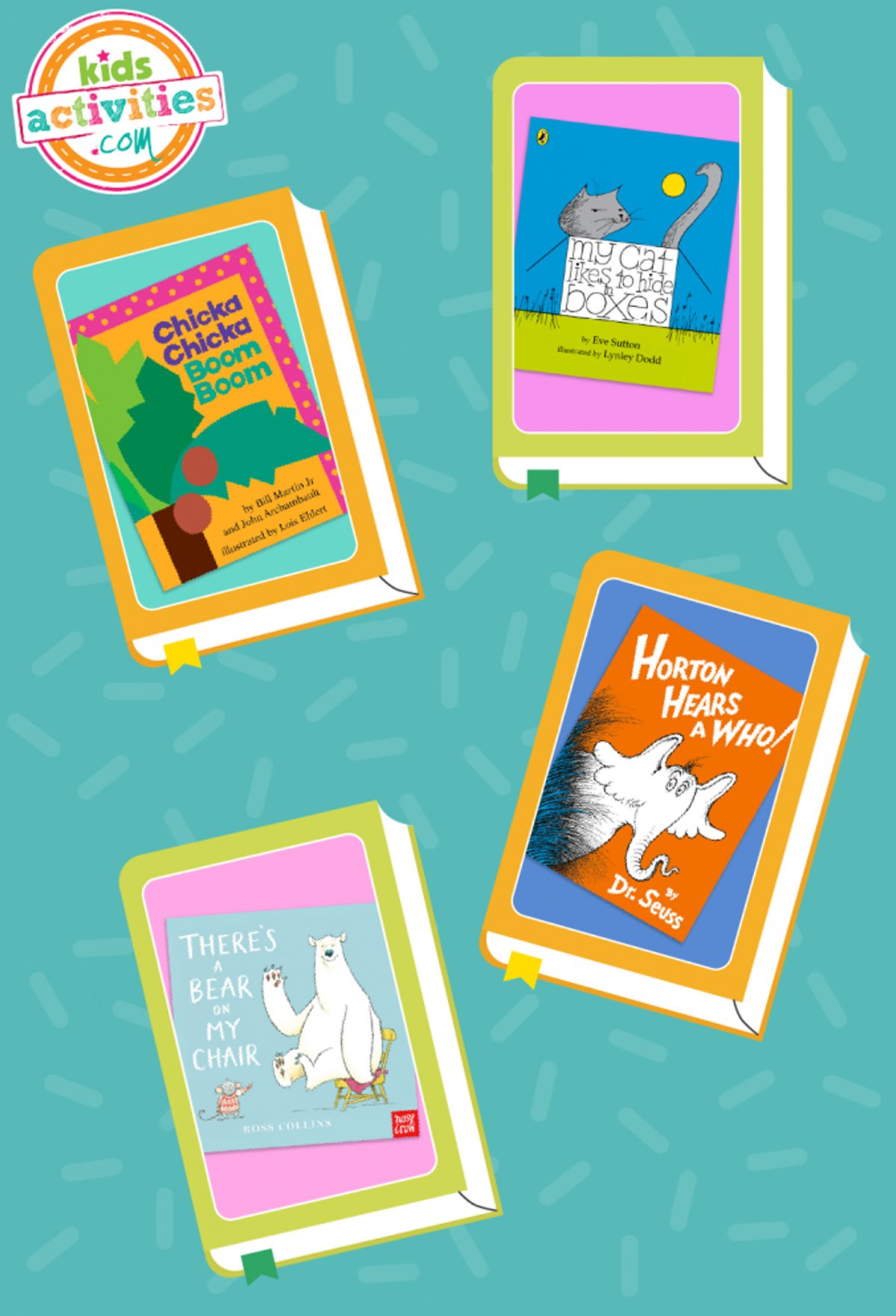 Collage of different book covers of books that rhyme, on top of a green blue background