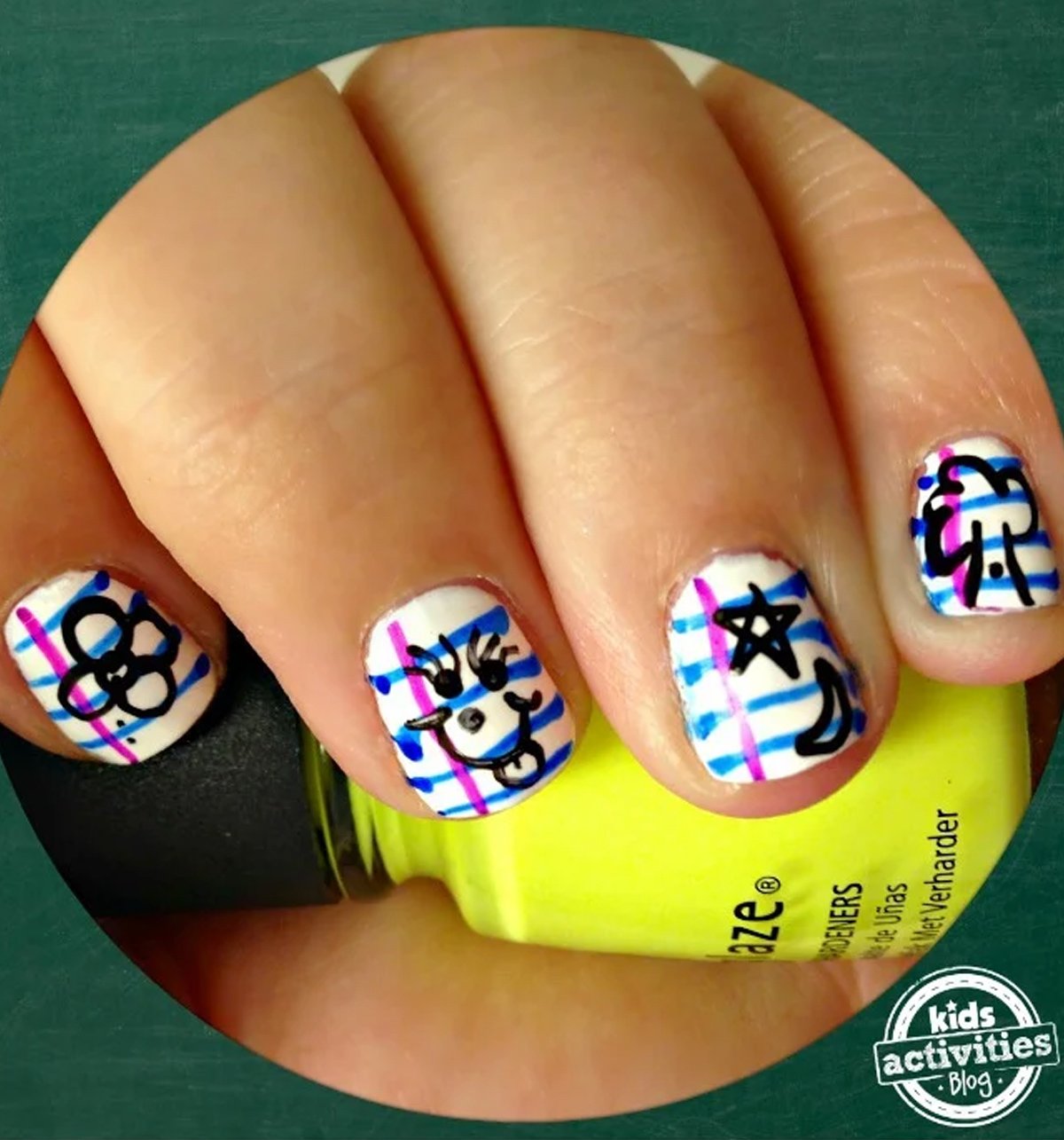 Closeup picture of nail art with a notebook theme.