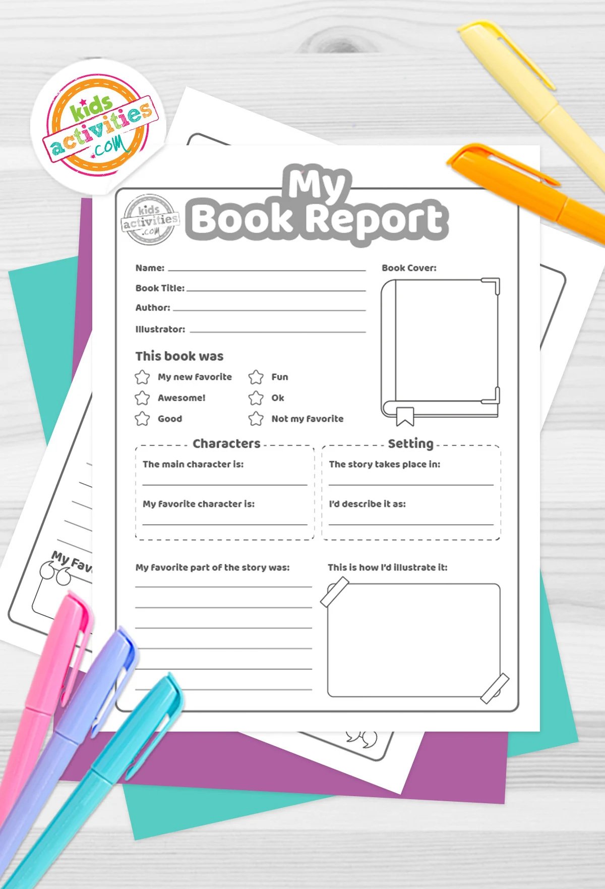 Black and white My Book Report printable on top of blue and purple sheets and with markers next to them, on top of a gray background.