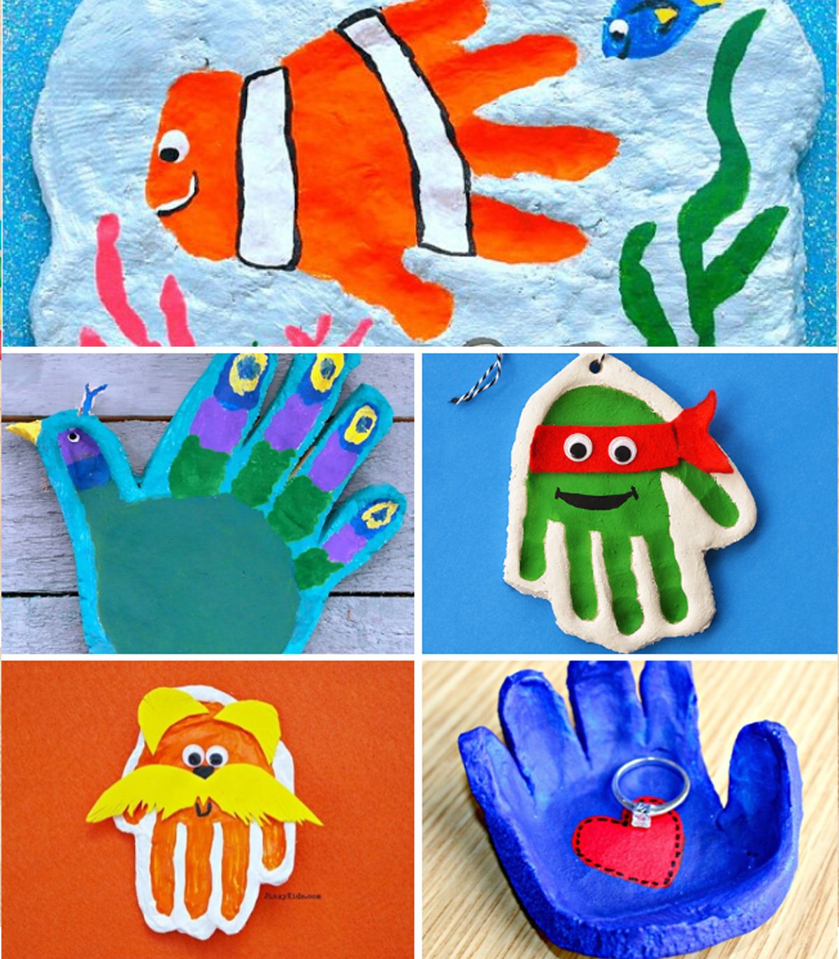 A compilation of different salt dough handprints with different decorations, such as as Nemo the fish or thE Lorax.