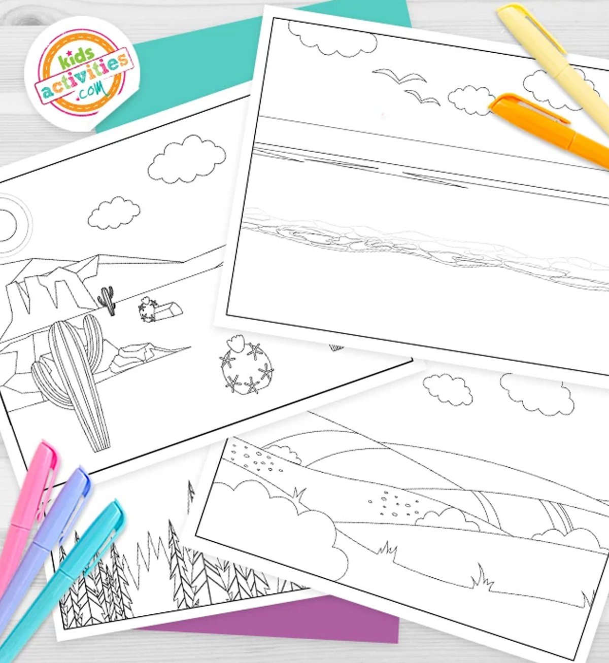 Black and white printable landscape coloring pages, with different patterns, on top of blue and purple sheets and with markers next to them.
