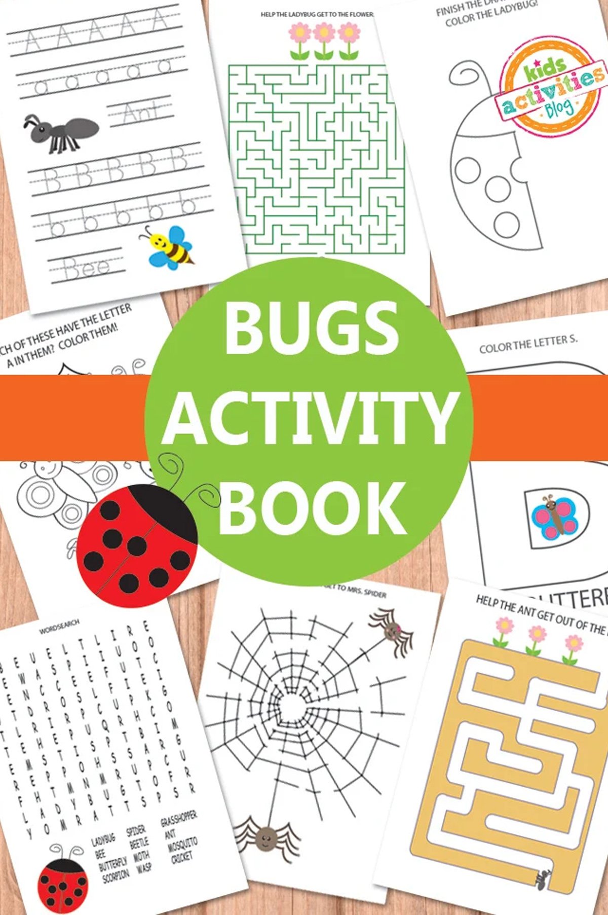 A collage of different printables with a bug theme, like mazes, writing exercises, and more.
