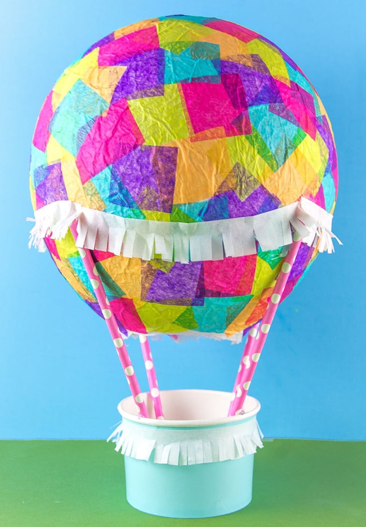 A hot air balloon craft made with tissue paper and other simple supplies.