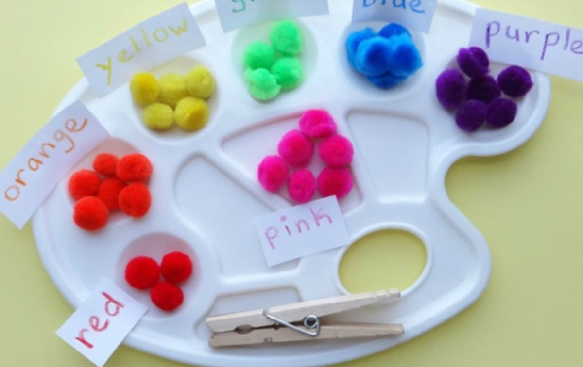 A blank color palette with pom poms in different colors to play a color sorting game.