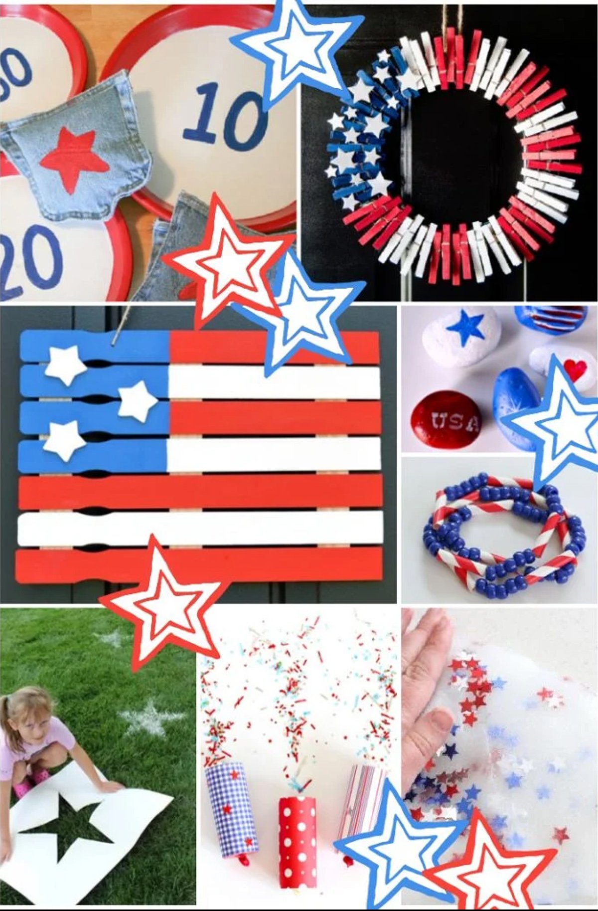 A collage of different crafts and activities with a 4th of July theme, like making a popsicle flag, paint rocks, etc.