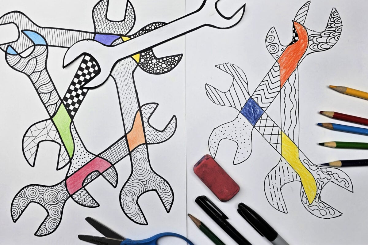 completed zentangle art of overlapping wrench shapes - kids activities blog