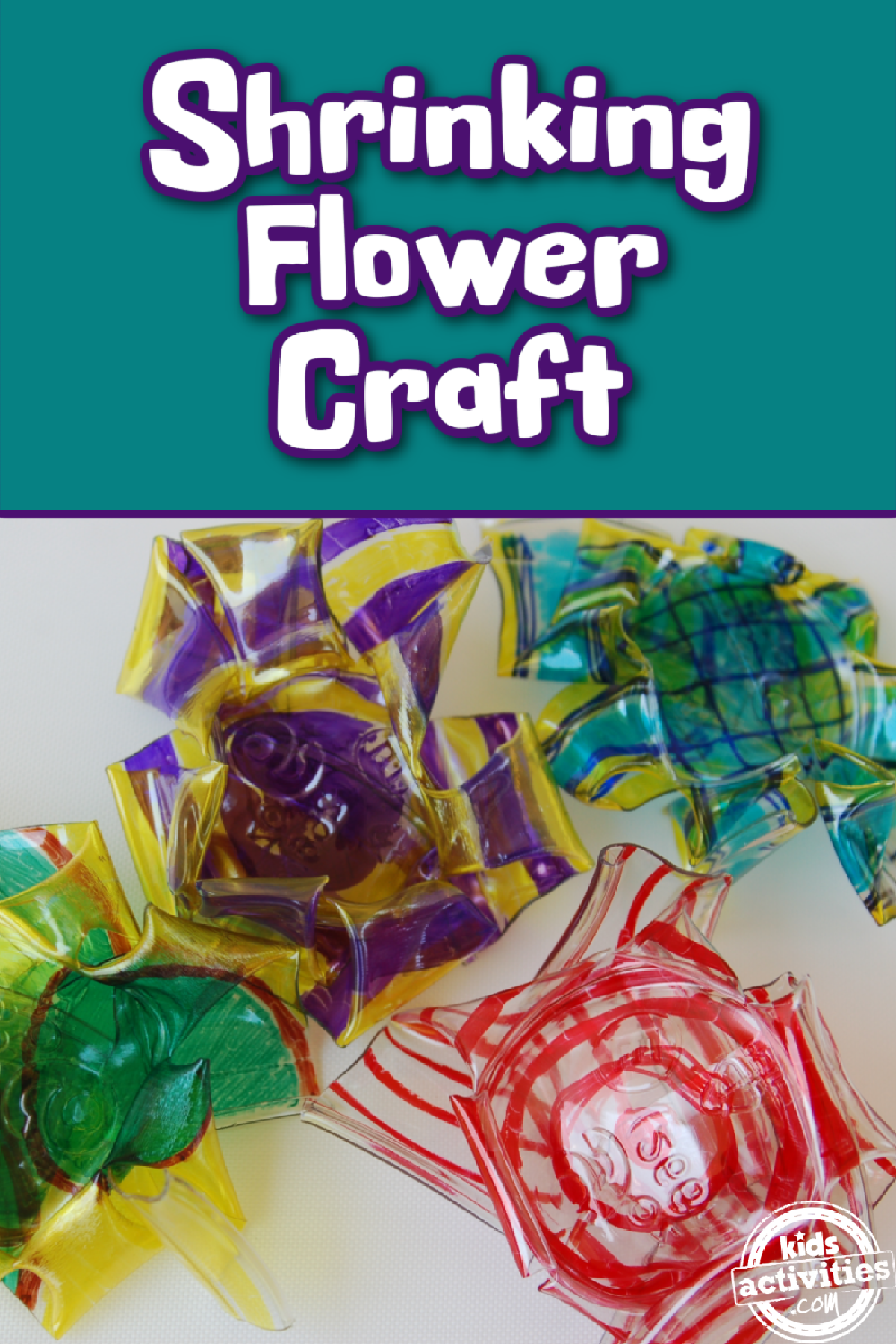 shrinking plastic craft- flowers made of plastic with green, blue, yellow, purple, and red- kids activities blog