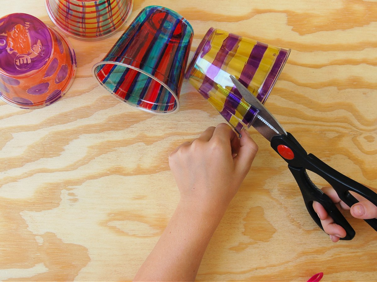 Shrinking Plastic Craft- Step 2- Cut slits into your cups- kids activities blog