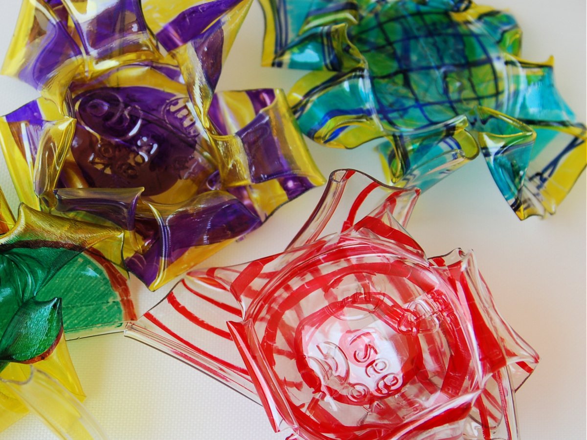 Shrinking Plastic Craft- Finished- plastic flowers with red, purple, yellow, and blue