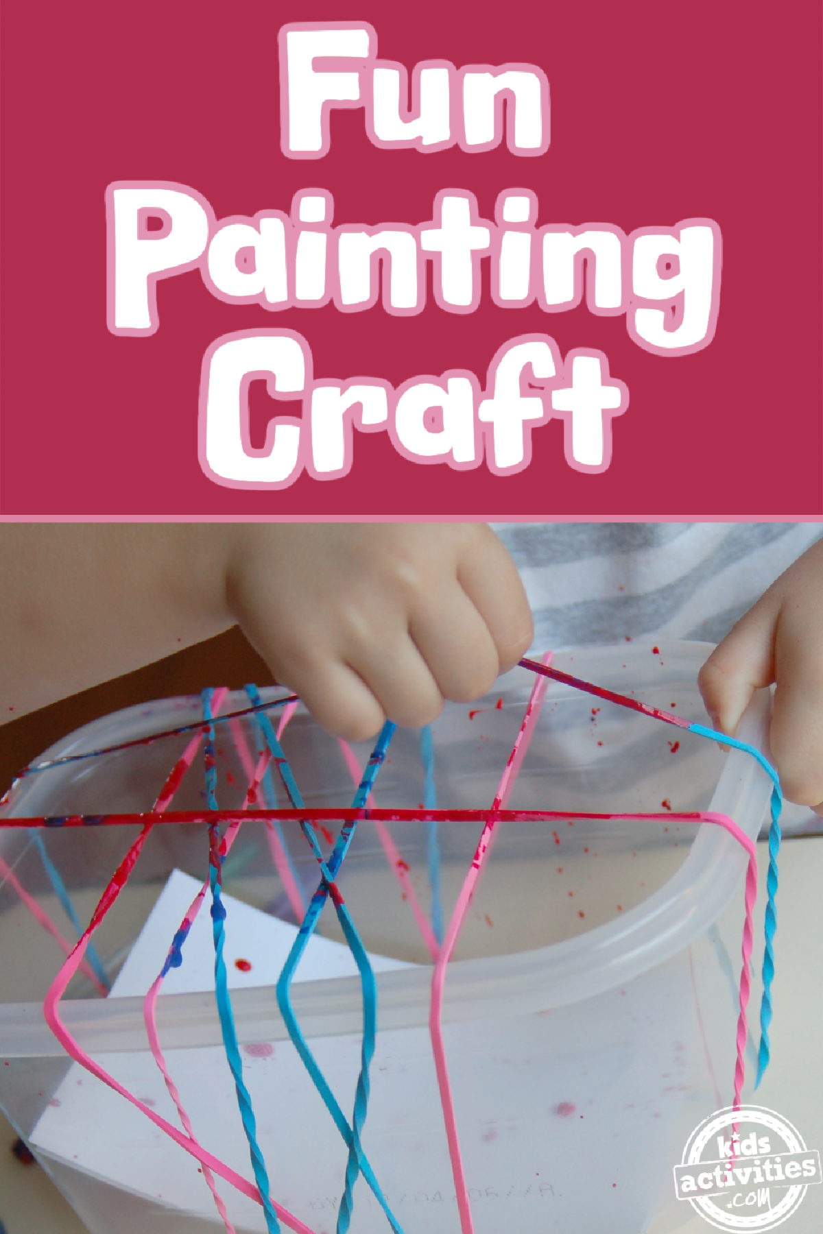 Splatter Paint Craft- Child pulling rubber bands splattering paint on paper- kids activities blog
