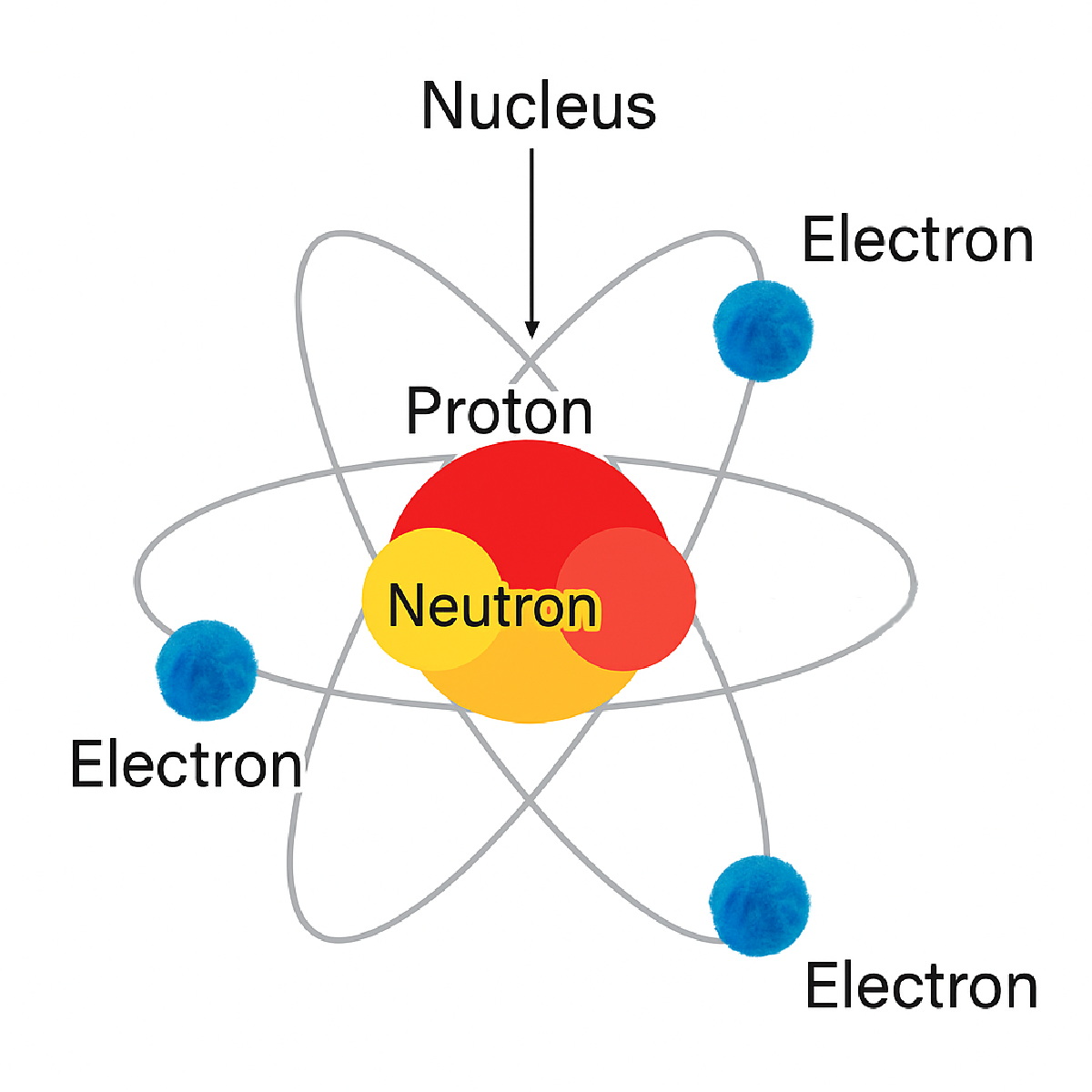 Atom- an atom with blue, yellow, red, and labeled- kids activities blog