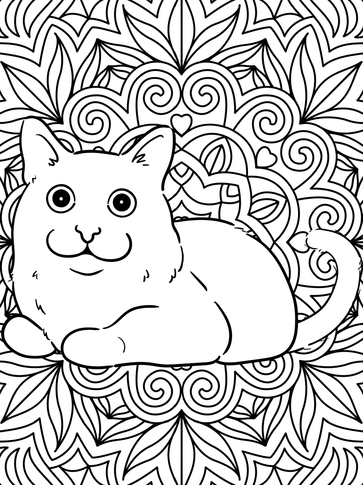 Cat Coloring Pages- Page 10- Printed PDF File coloring sheet black and white with a cat laying down- Kids Activities Blog