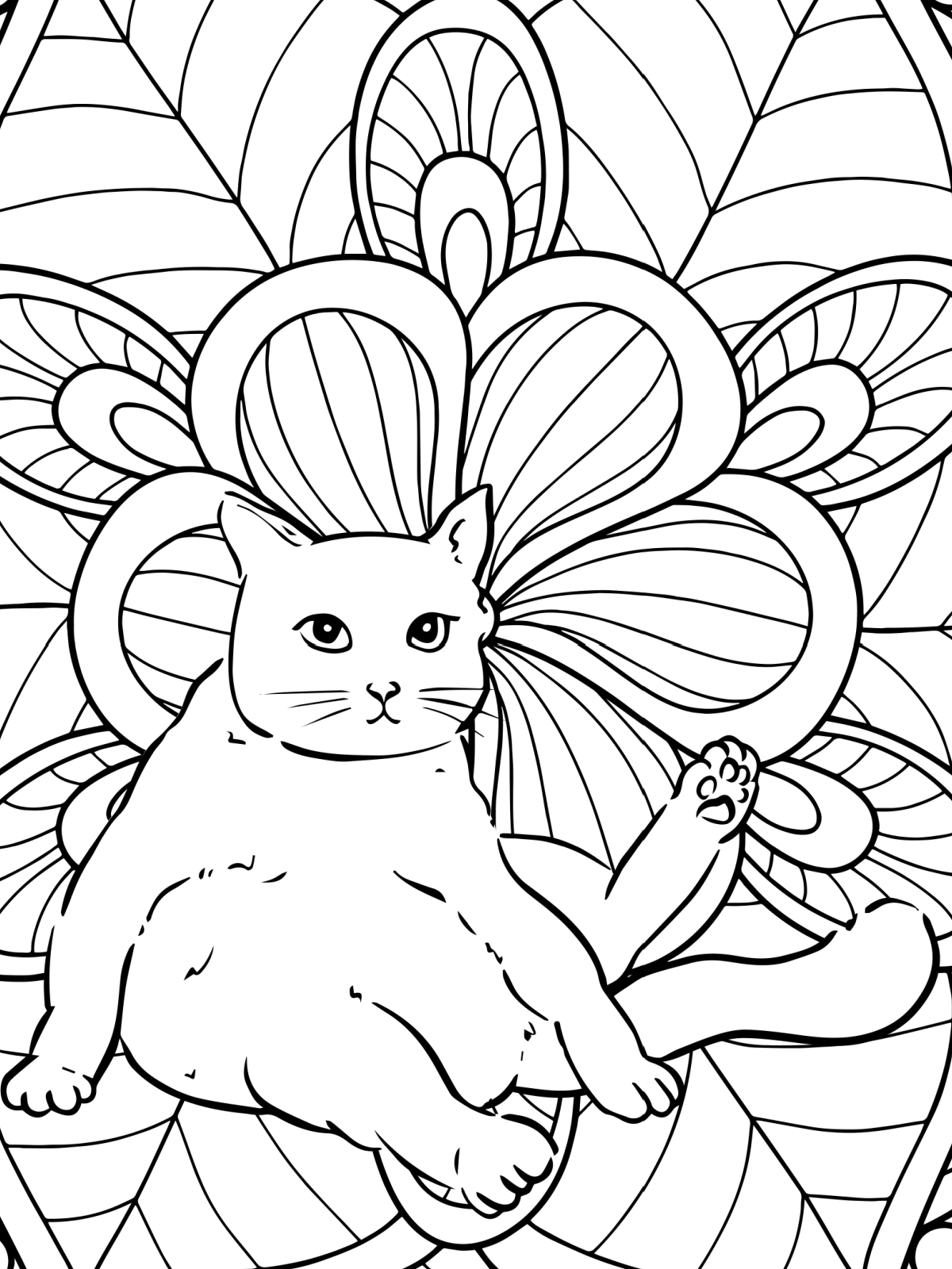 Cat Coloring Pages- Page 13- Printed PDF File black and white coloring sheet with cat and floral background- Kids Activities Blog