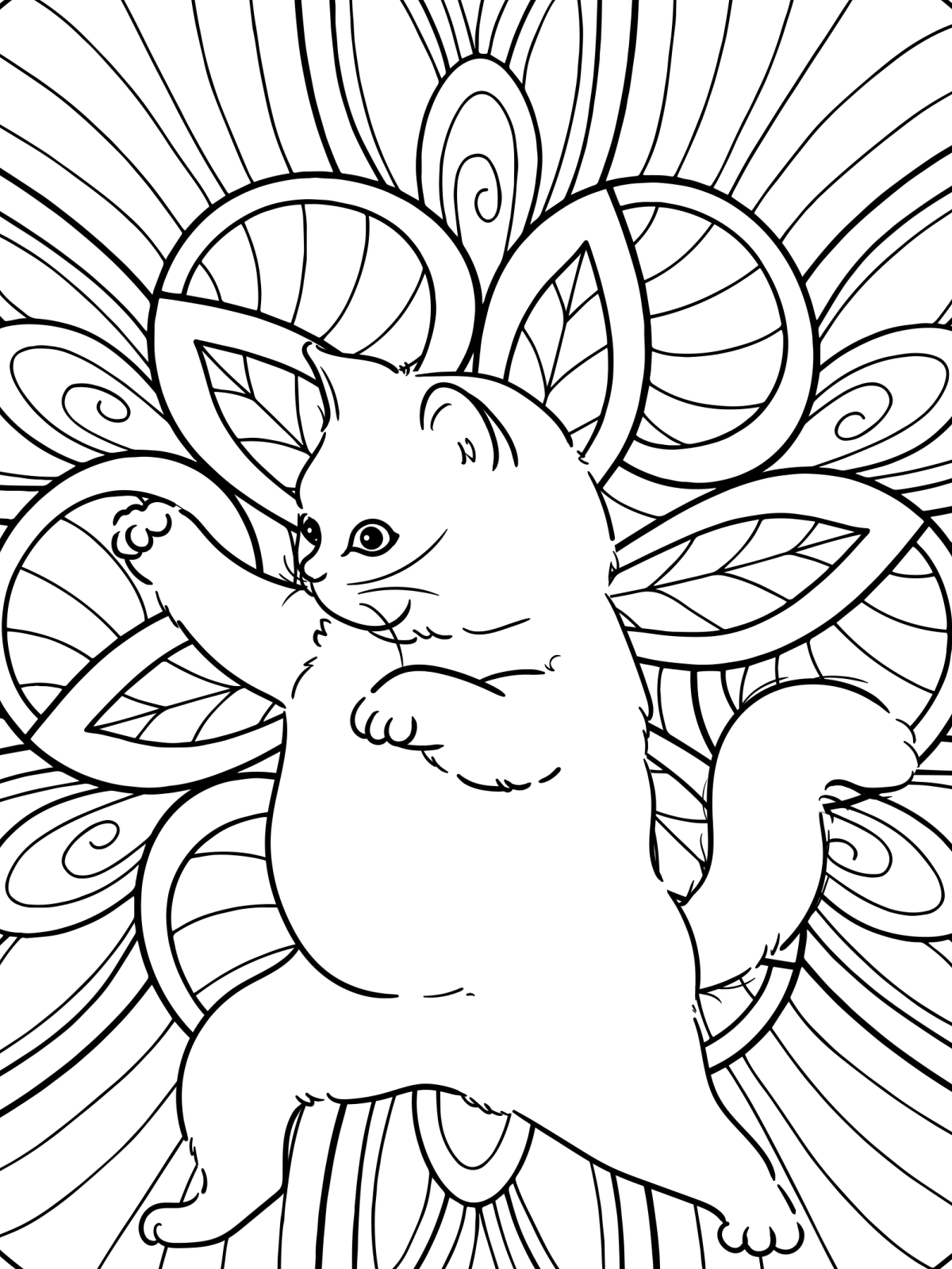 Cat Coloring Pages- Page 14- Printed PDF File black and white coloring page with playful cat and zentangle background- Kids Activities Blog