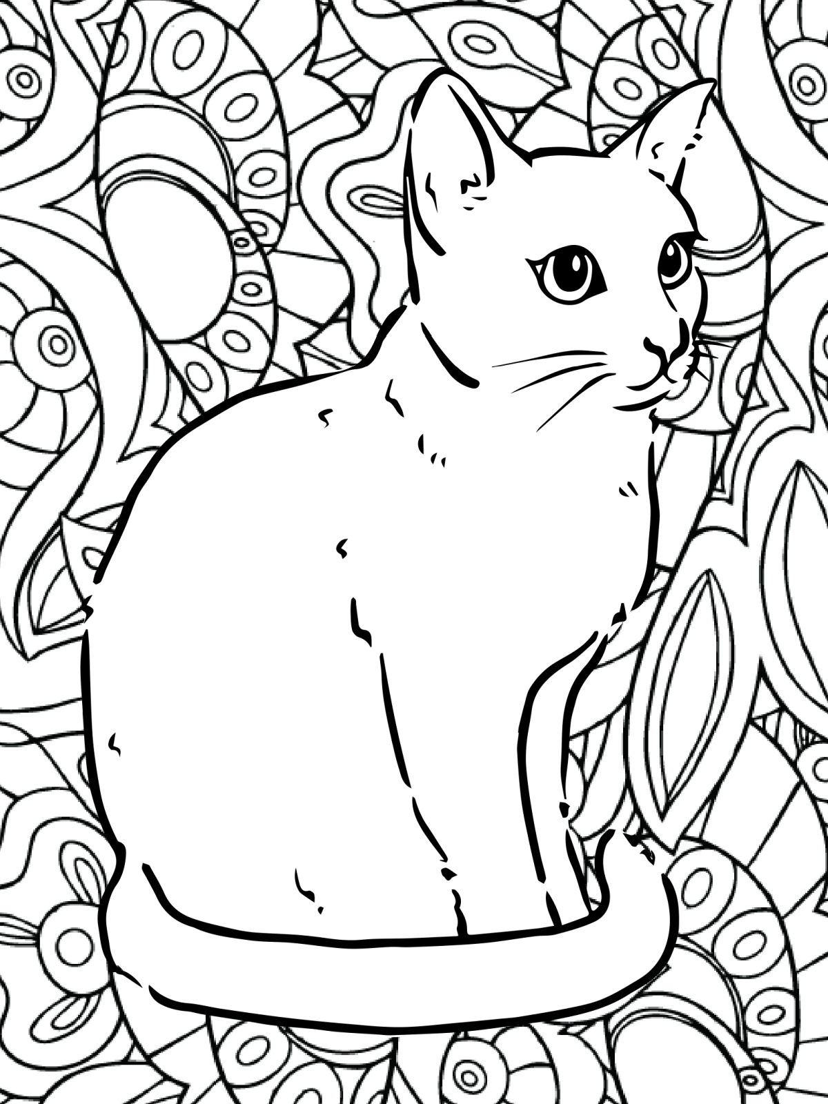 Cat Coloring Pages- Page 2- Printed PDF File with a sitting cat with a zentangle background black and white- Kids Activities Blog