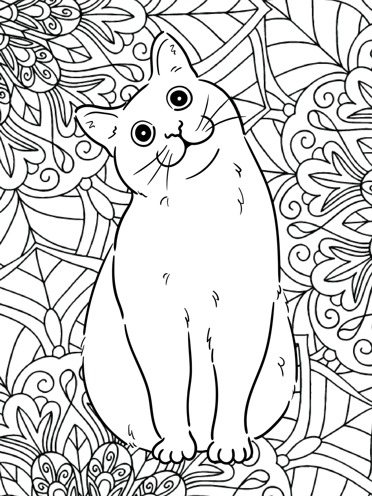 Cat Coloring Pages- Page 3- Printed PDF File black and white with silly cat with cocked head and zentangle background- Kids Activities Blog
