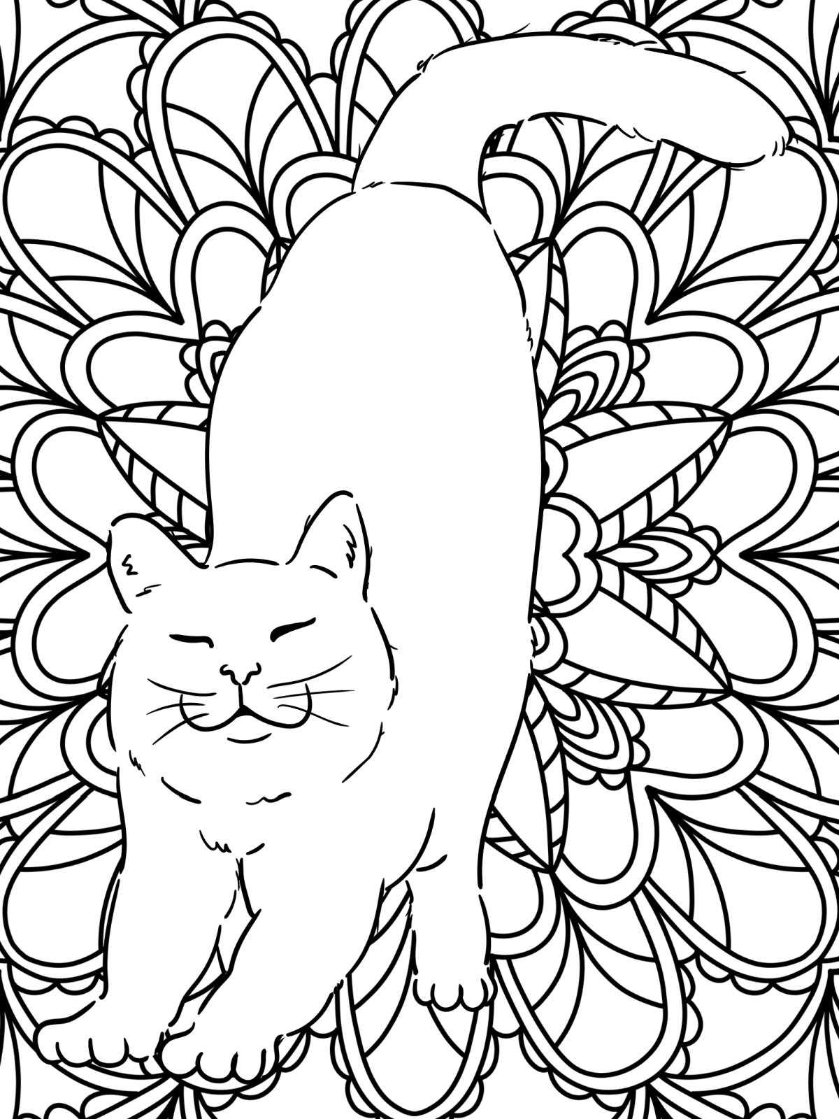 Cat Coloring- Page 4- Printed PDF File coloring sheet black and white with a stretching cat - Kids Activities Blog