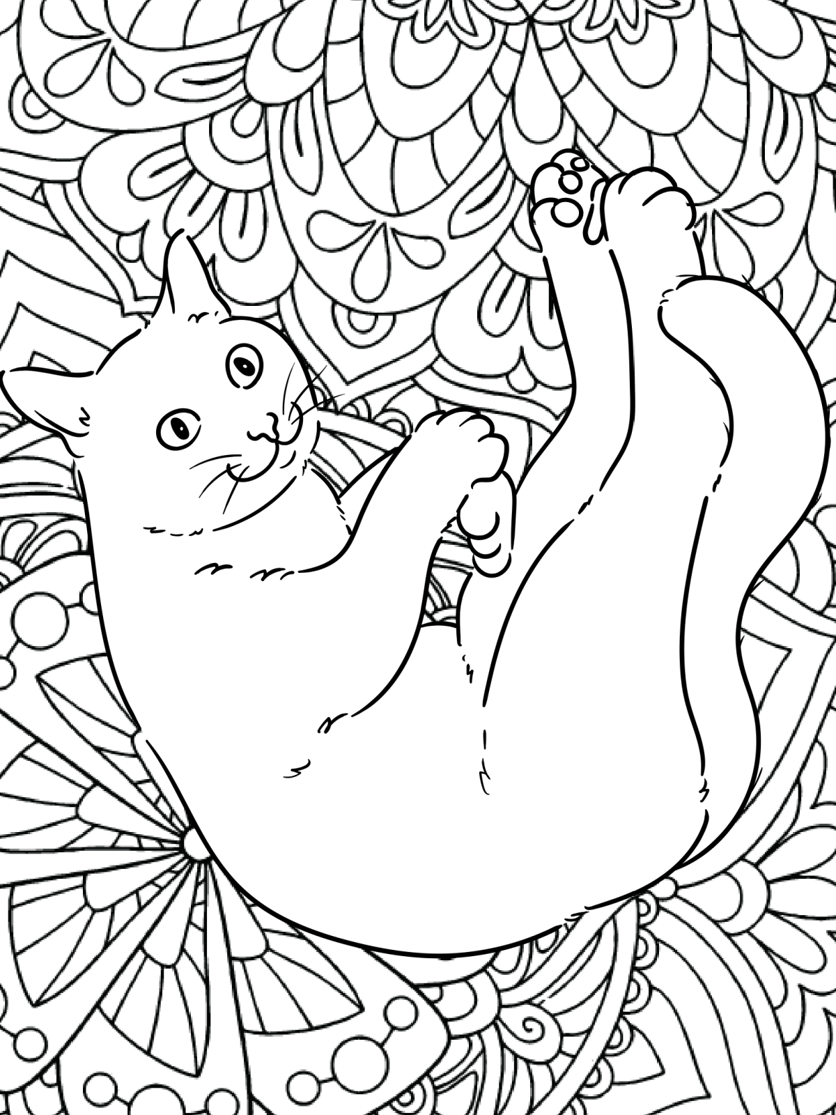 Cat Coloring Pages- Page 7- Printed PDF File black and white coloring sheet with cat on its back and zentangle background - Kids Activities Blog
