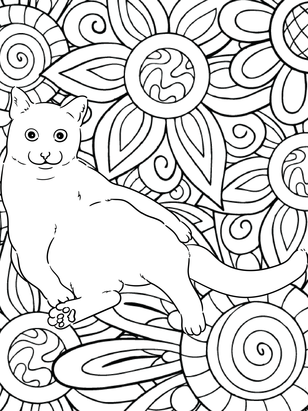 Cat Coloring Pages- Page 8- Printed PDF File coloring sheet black and white with a cat and floral zentangle - Kids Activities Blog
