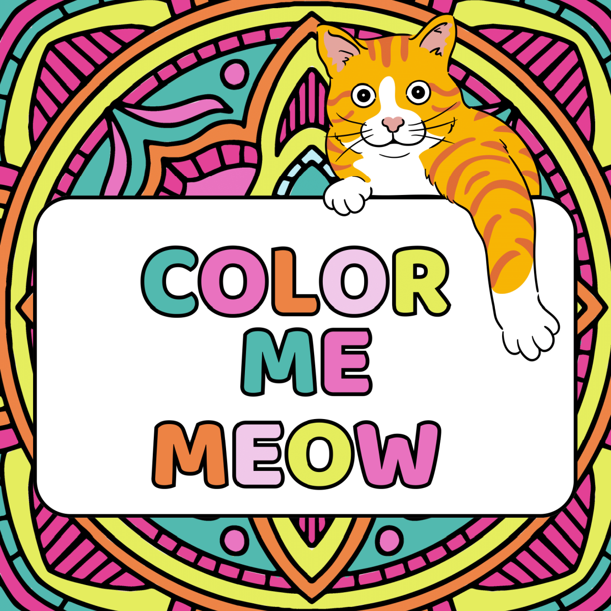 Square- Cat Coloring Book- colorful text and zentangle with orange cat- kids activities blog