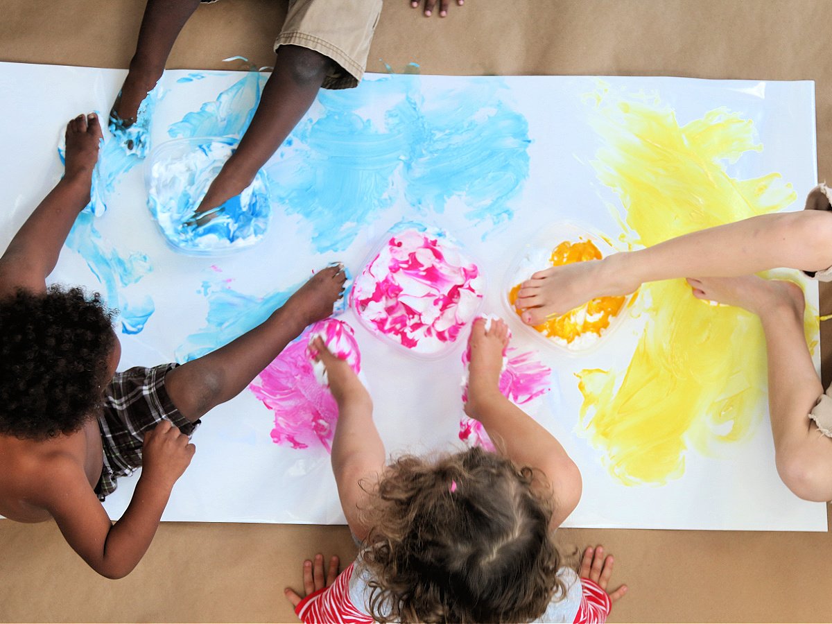 Foot Paint- finished- Kids painting with blue yellow and pink paint on paper- kids activities blog
