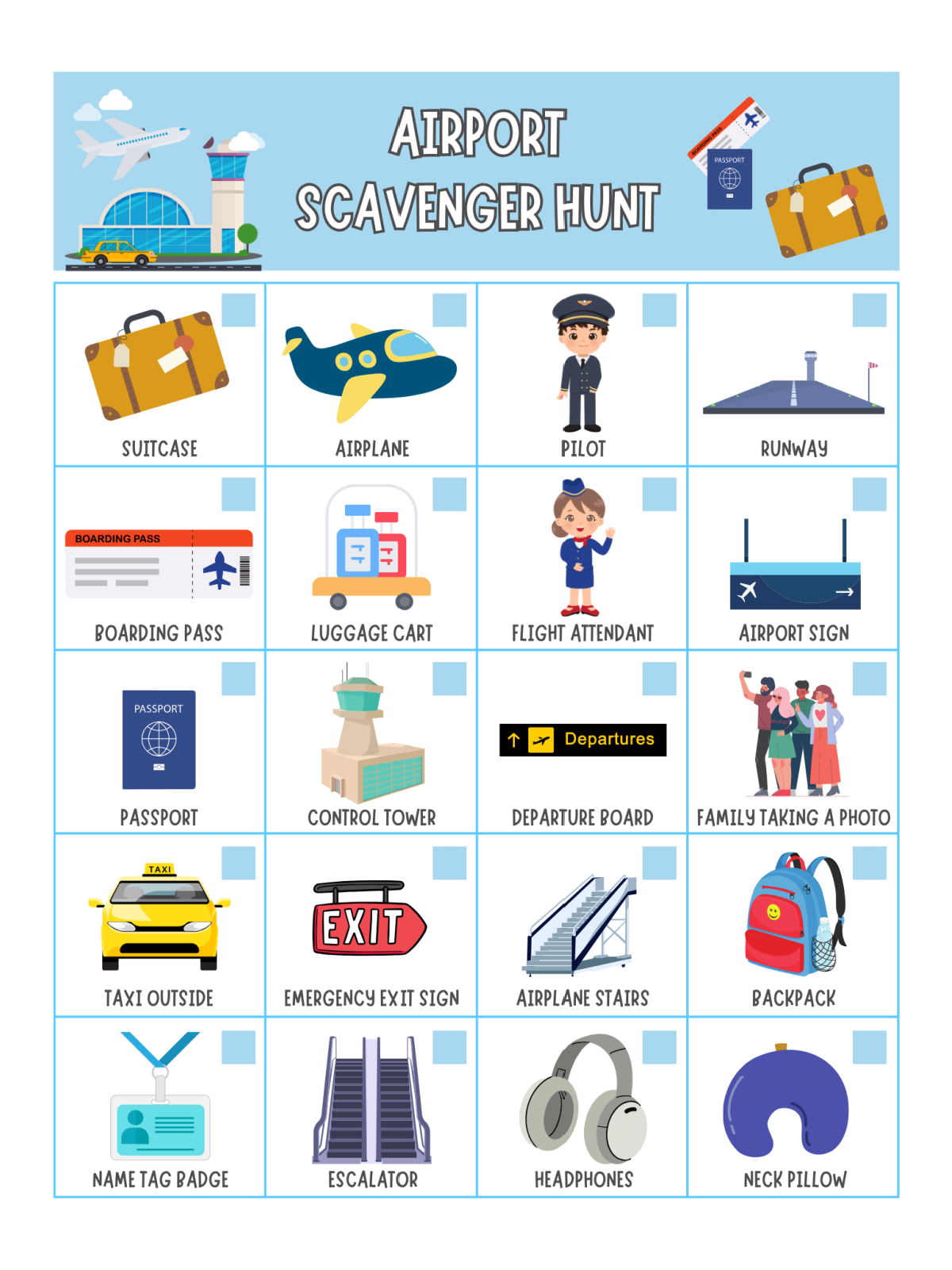 Travel Scavenger Hunt- Page 2- airport scavenger hunt with pictures and boxes printed pdf file- Kids Activities Blog
