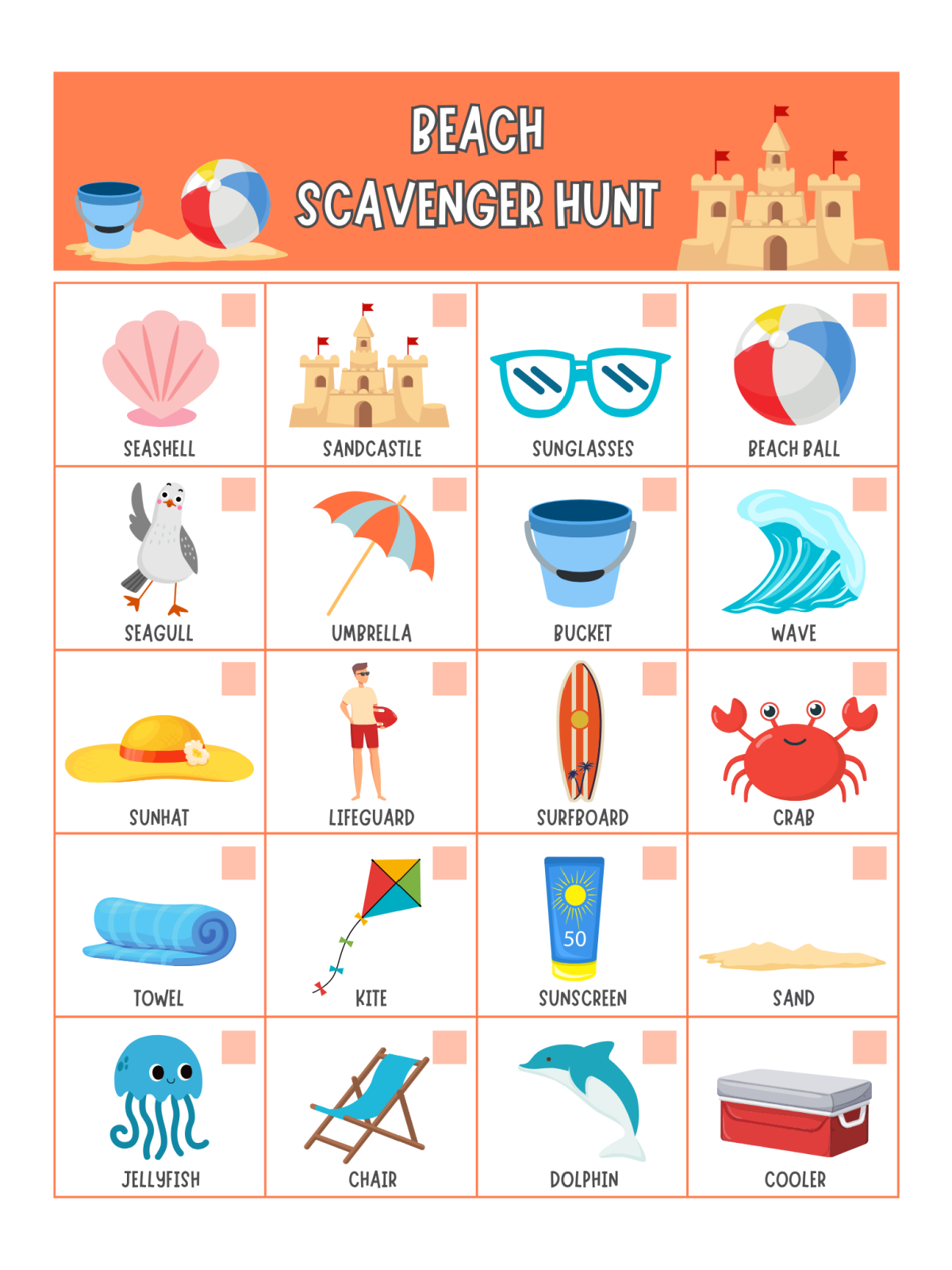 Scavenger Hunt- Page 5- Beach printed pdf file with pictures and text- Kids Activities Blog