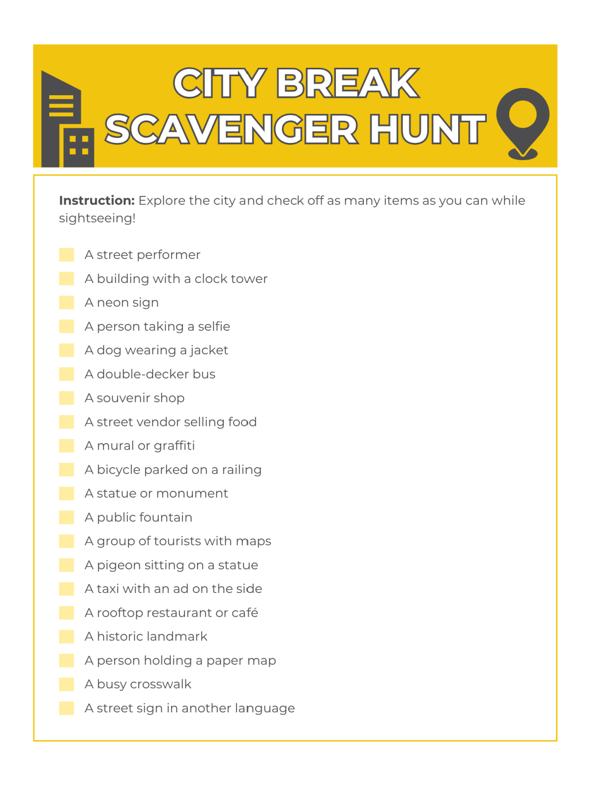 Travel Scavenger Hunt- Page 4- yellow printed pdf file with text- Kids Activities Blog
