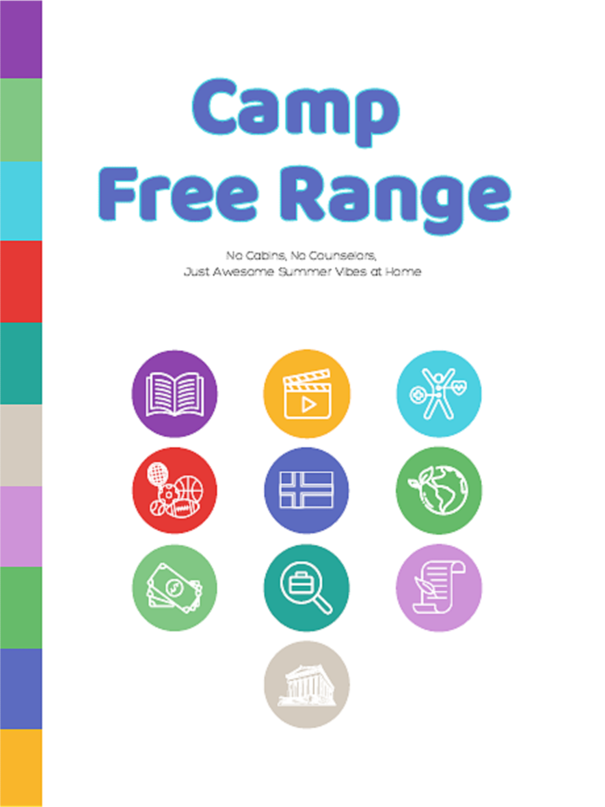 Summer Camp- Cover- Text: Camp Free Range- with colors and images- kids activities blog
