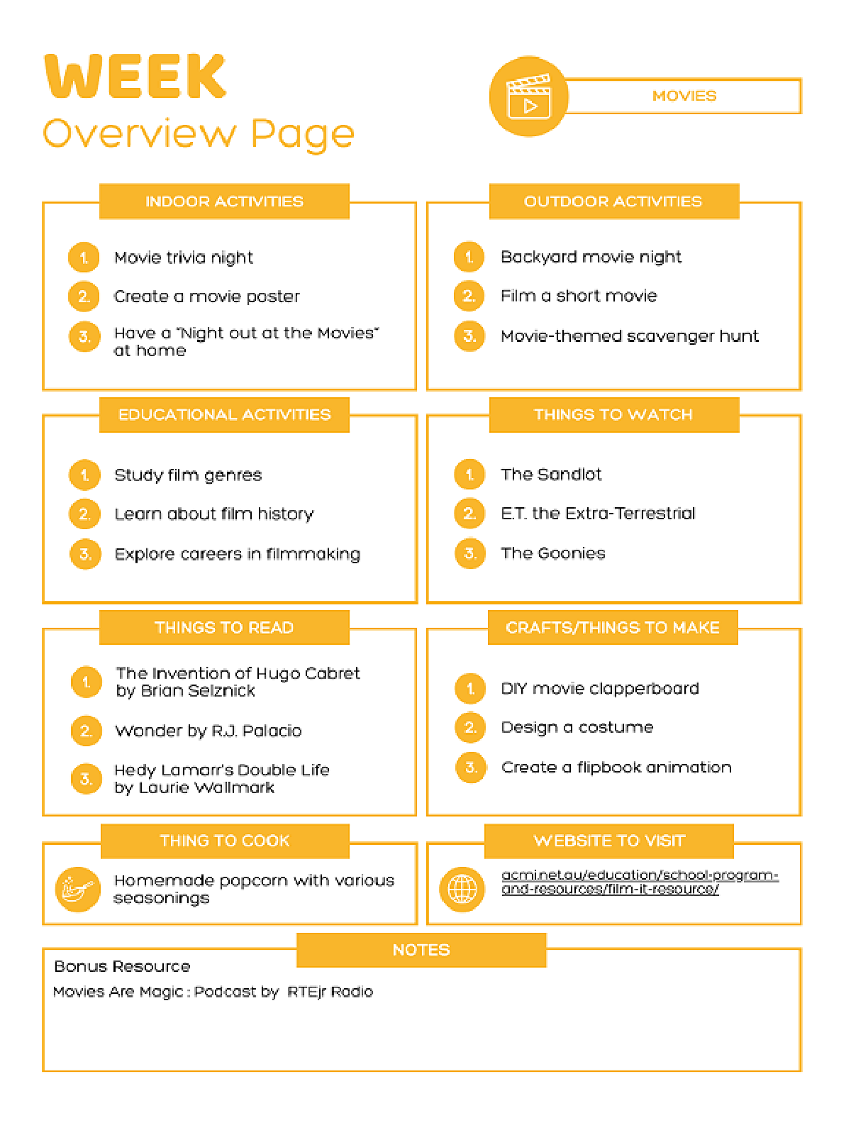 Summer Camp- Weekly events in yellow- kids activities blog