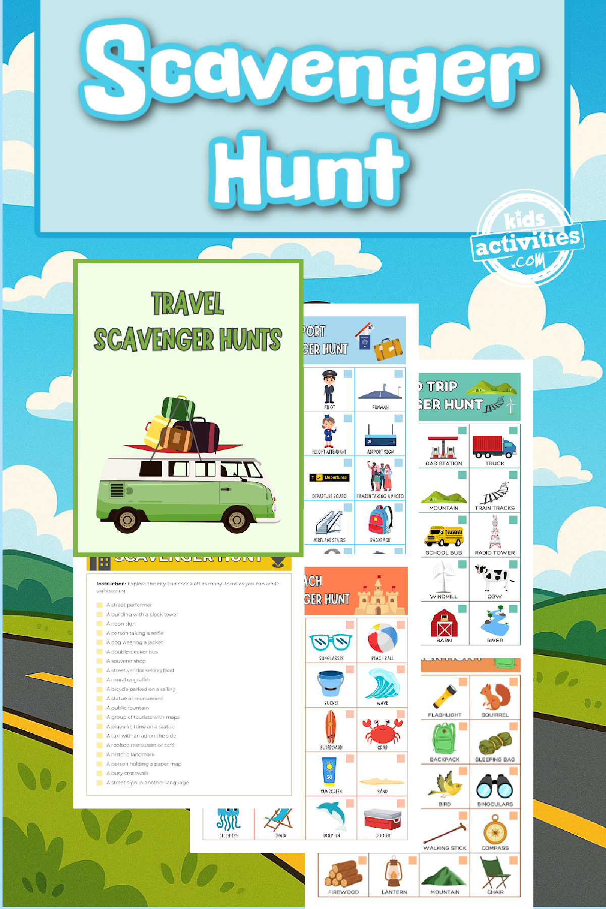 Travel Scavenger Hunt- printables on top of a roadside background with text and logo- kids activities blog