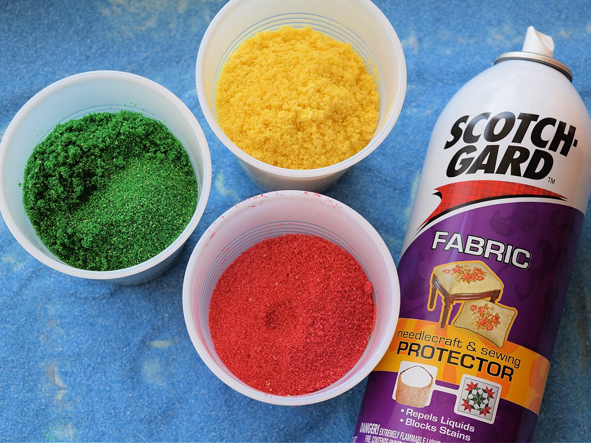 Aqua Sand- Supplies- Red, green, yellow, sand and scotch guard- kids activities blog
