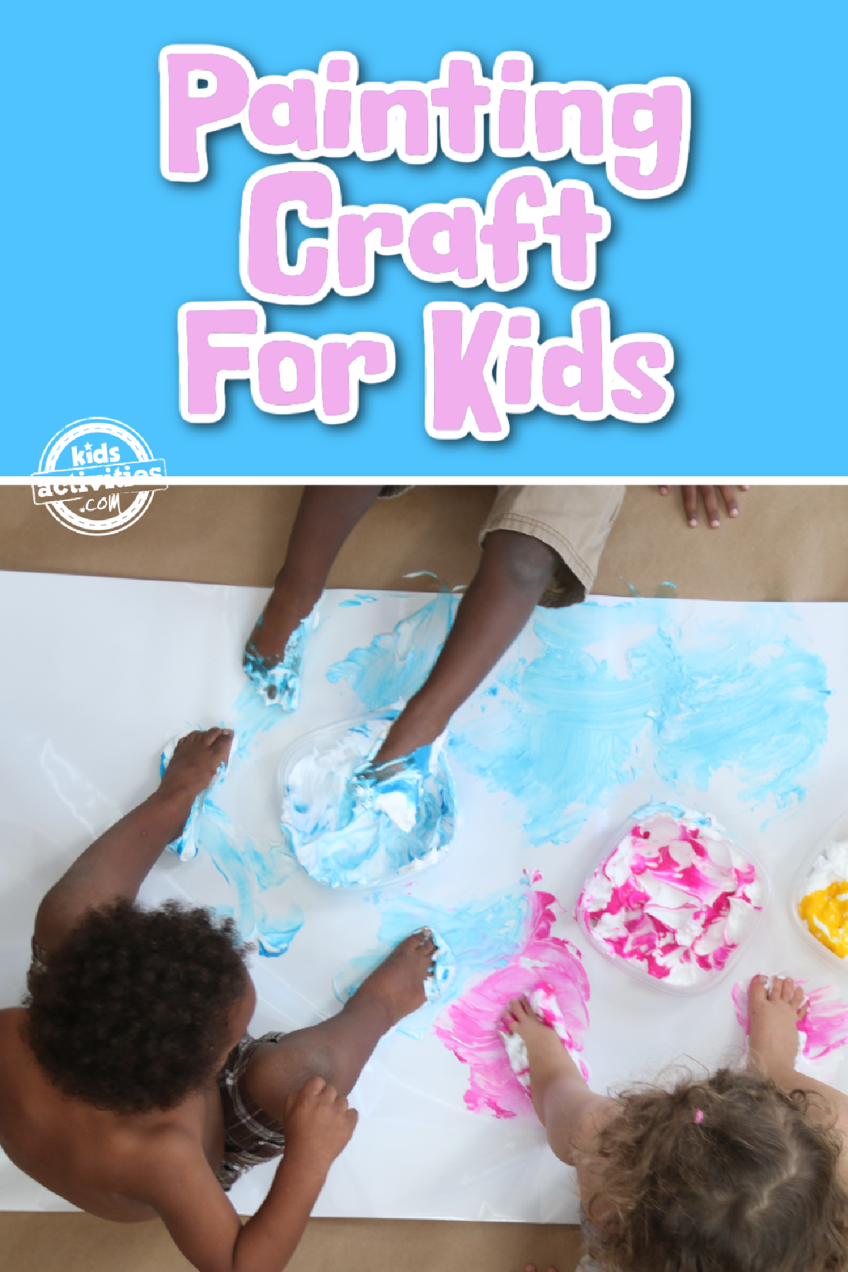 Foot Paint- Kids painting with blue, pink, and yellow paint- kids activities blog