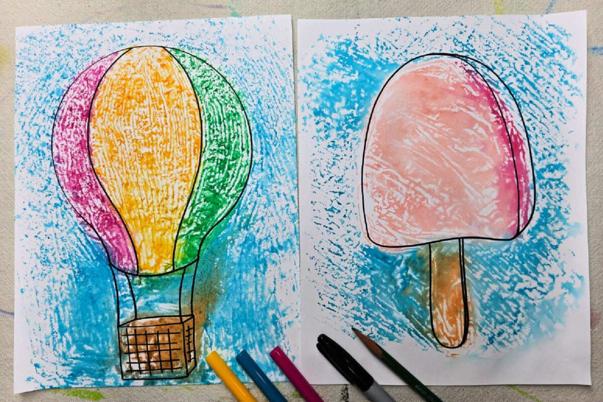 completed marker painting projects of a hot air balloon and a popsicle - kids activities blog
