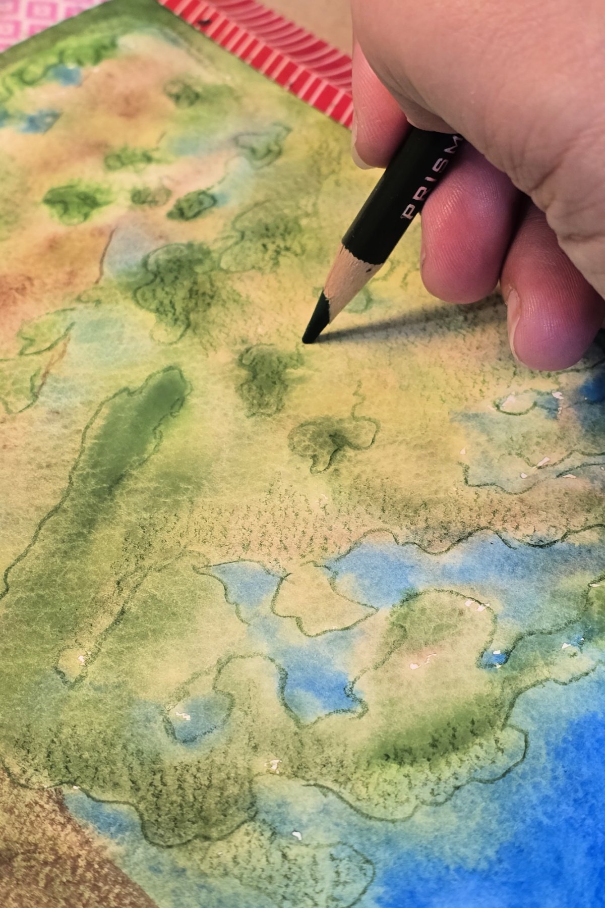 step 6 - using a dark green pencil to trace around the green areas of the tree - kids activities blog