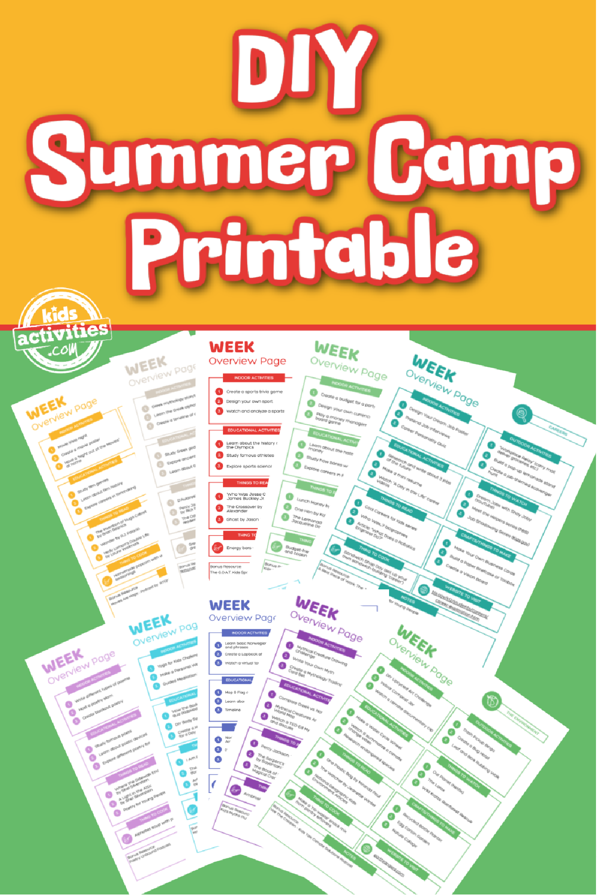 Summer Camp- Text: DIY Summer Camp Printable and printables on a green background- kids activities blog