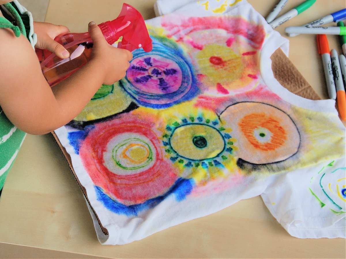 Tie Dye Science Experiment- Step 4.5- Spray alcohol on your tshirt- kids activities blog
