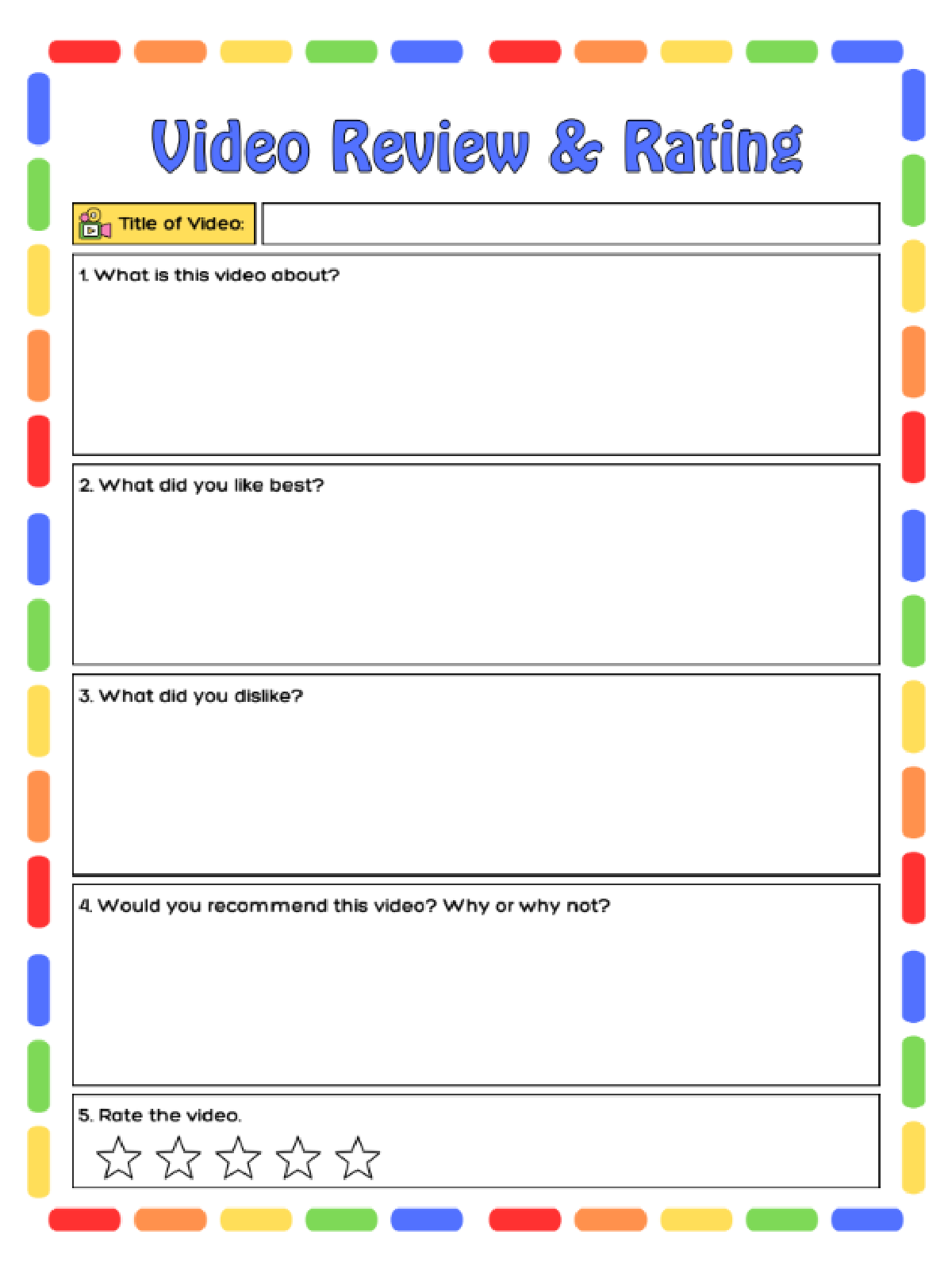 Video Worksheets- Video review and rating pdf file on a white page with colorful dashes and spaces.- kids activities blog