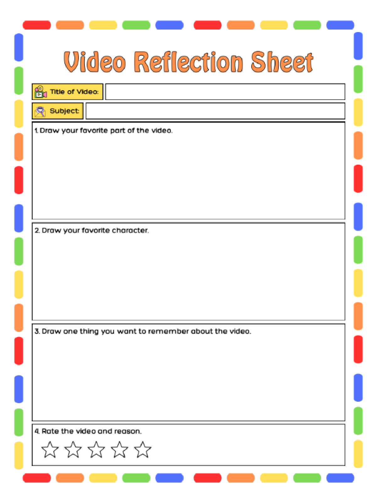 Video Worksheets- Reflection sheet printed pdf file with a section to write and colorful dashes- kids activities blog