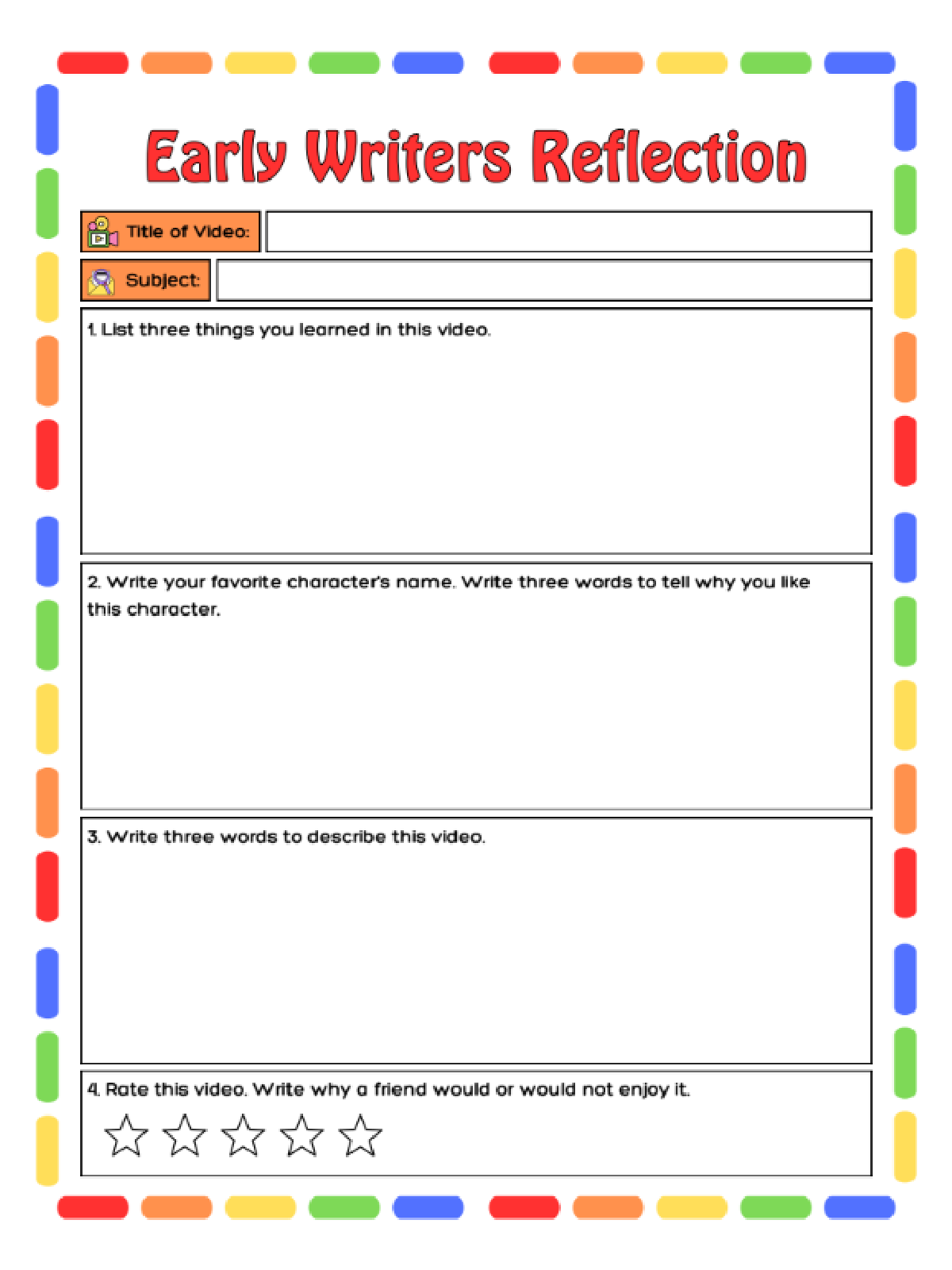 Video Worksheets- early writers reflection printed pdf file with spaces to write and colorful dashes- kids activities blog