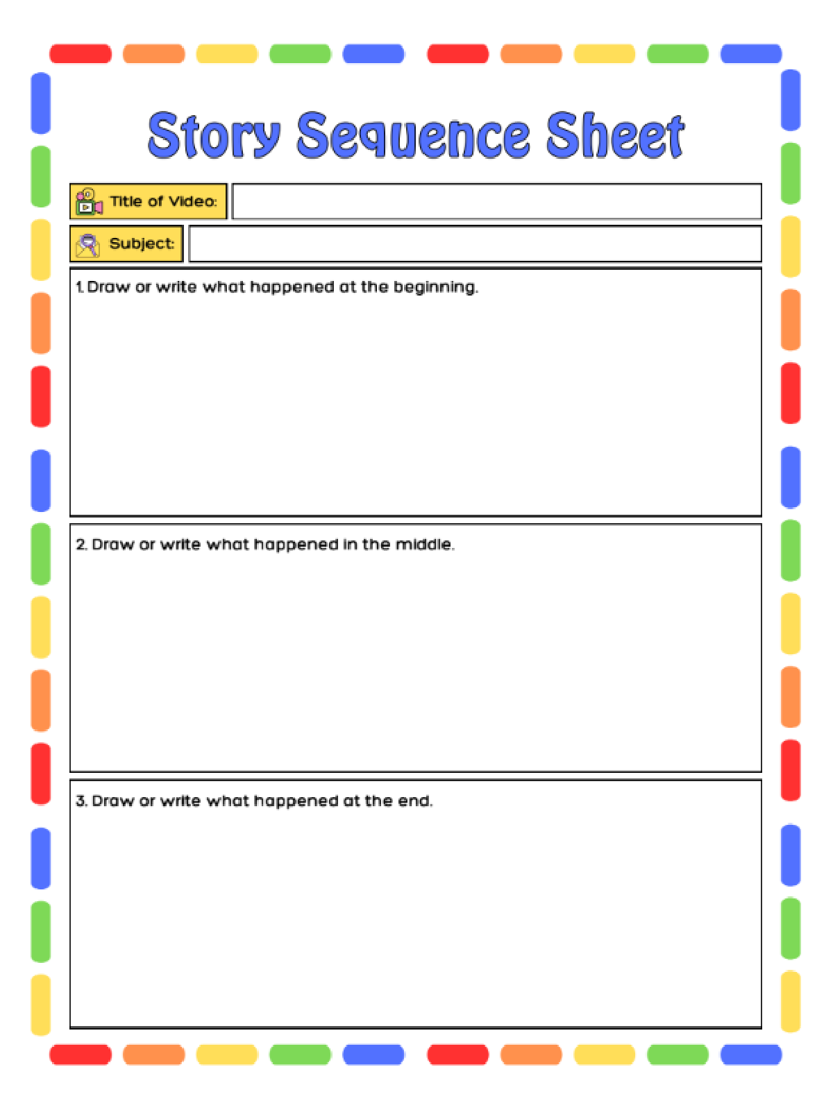 Video Worksheets- Story sequence sheet printed pdf file with spaces to write and colorful dashes- kids activities blog