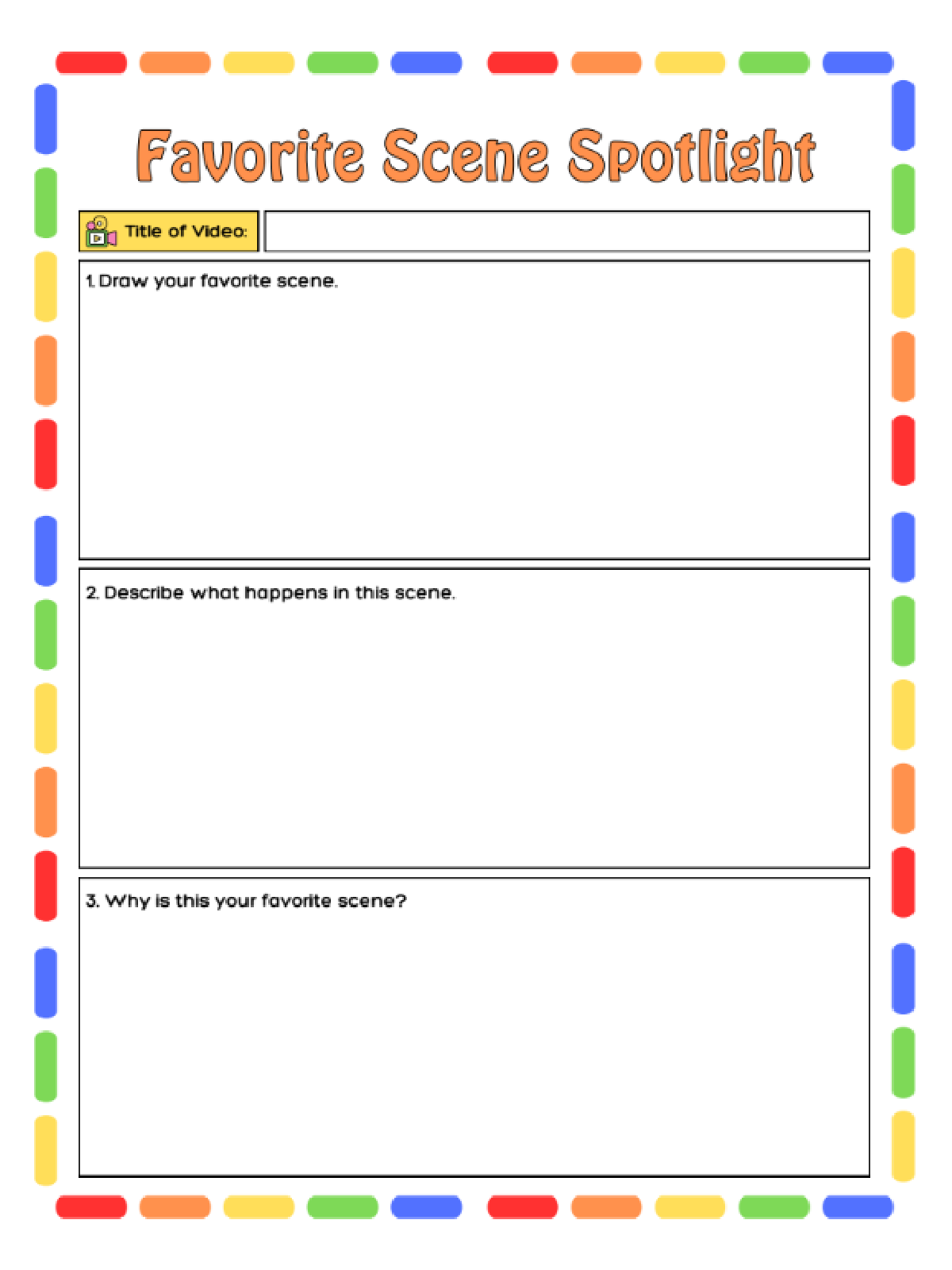 Printable Worksheets- favorite scene spotlight printed pdf file with spaces to write and colorful dashes- kids activities blog