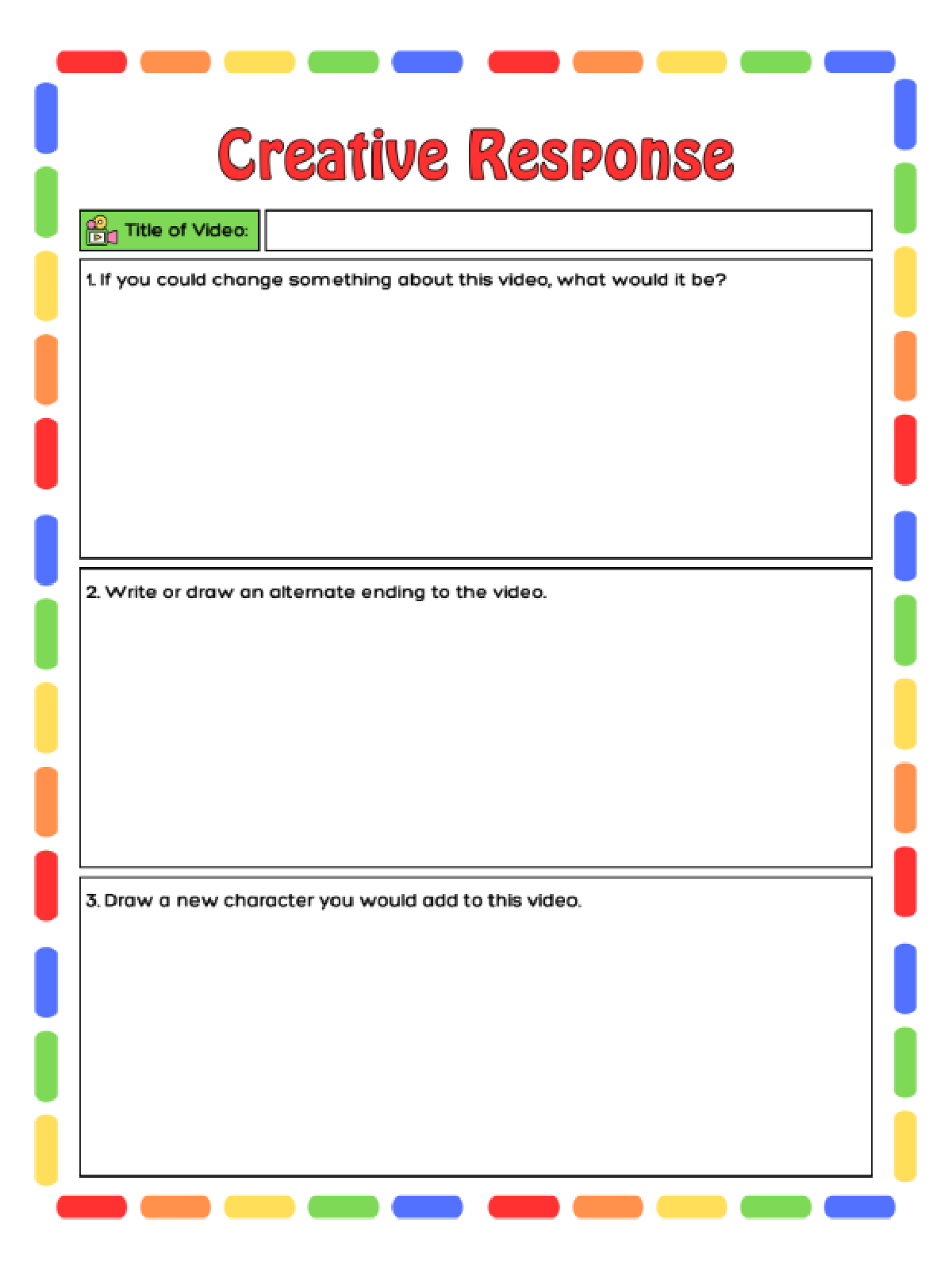 Video Worksheets- creative response printed pdf file with blank spaces to write and colorful dashes- kids activities blog