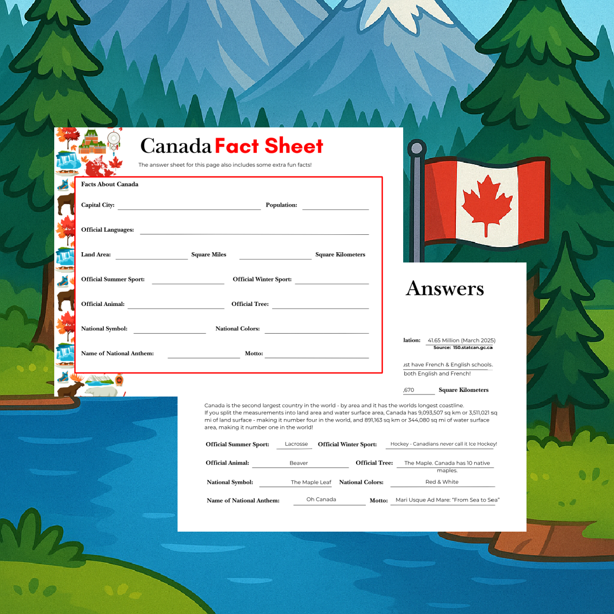 Canada Printables- Facts printed pdf file colored and black and white blank and answers against a nature background- kids activities blog