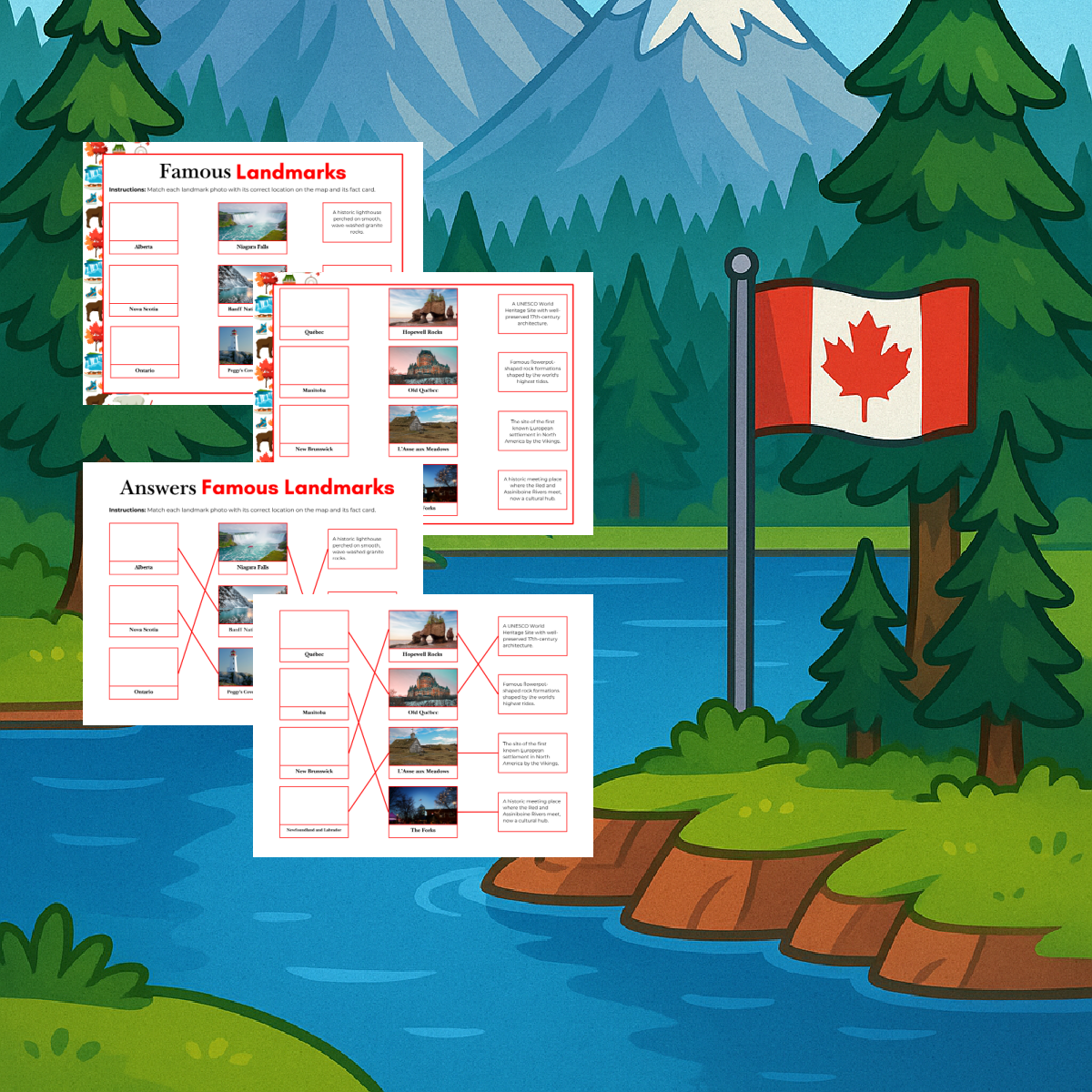 Canada Printables- landmarks with the answers printed pdf files in color- kids activities blog