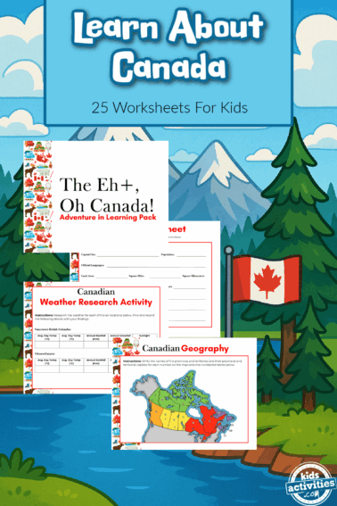 Canada Printables- nature background with Canada flag and printables with text- kids activities blog