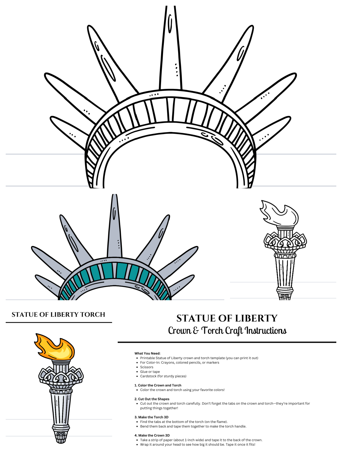 4th of July Craft- Crown and Torch printed pdf file with color and black and white with instructions- kids activities blog
