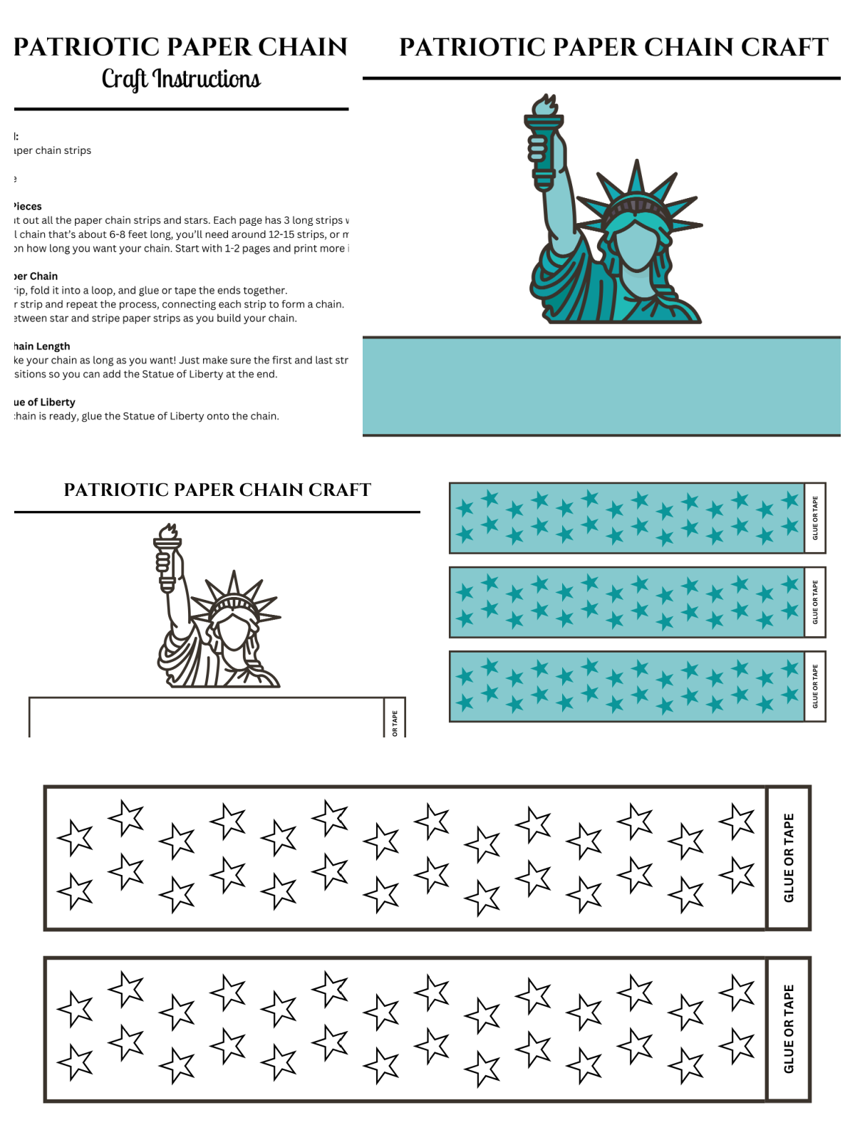 Independence Day Crafts- colored and black and white printed pdf chain printables with instructions- kids activities blog