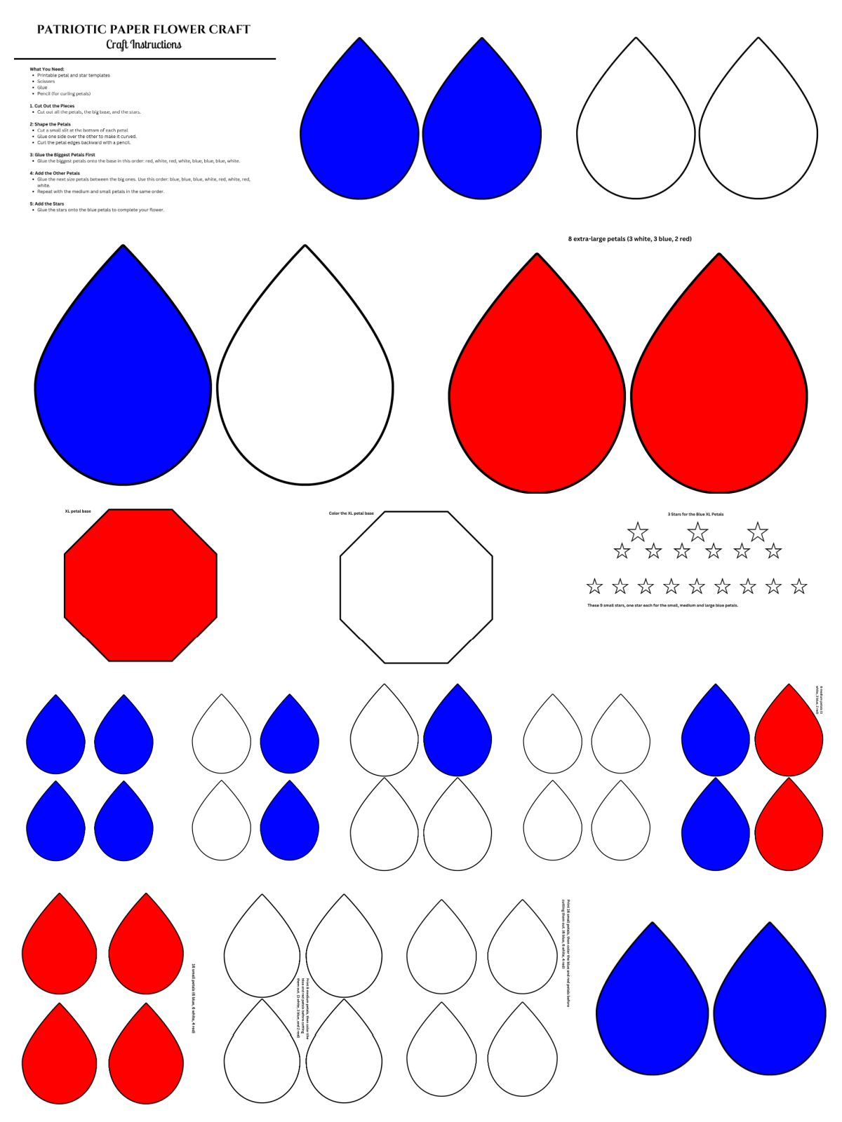 4th of July craft- petals and base colored and black and white printed pdf file with instructions- kids activities blog